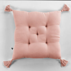 Coussin capitonné 5 points avec pompons 40 x 40 cm Gaze de coton unie GAÏA Rose pêche