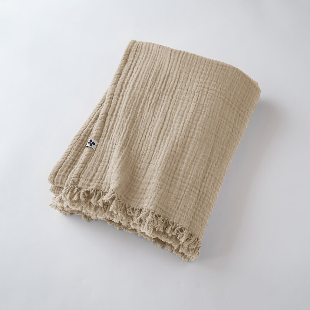 Plaid à franges 180 x 220 cm Gaze de coton unie GAÏA Ficelle