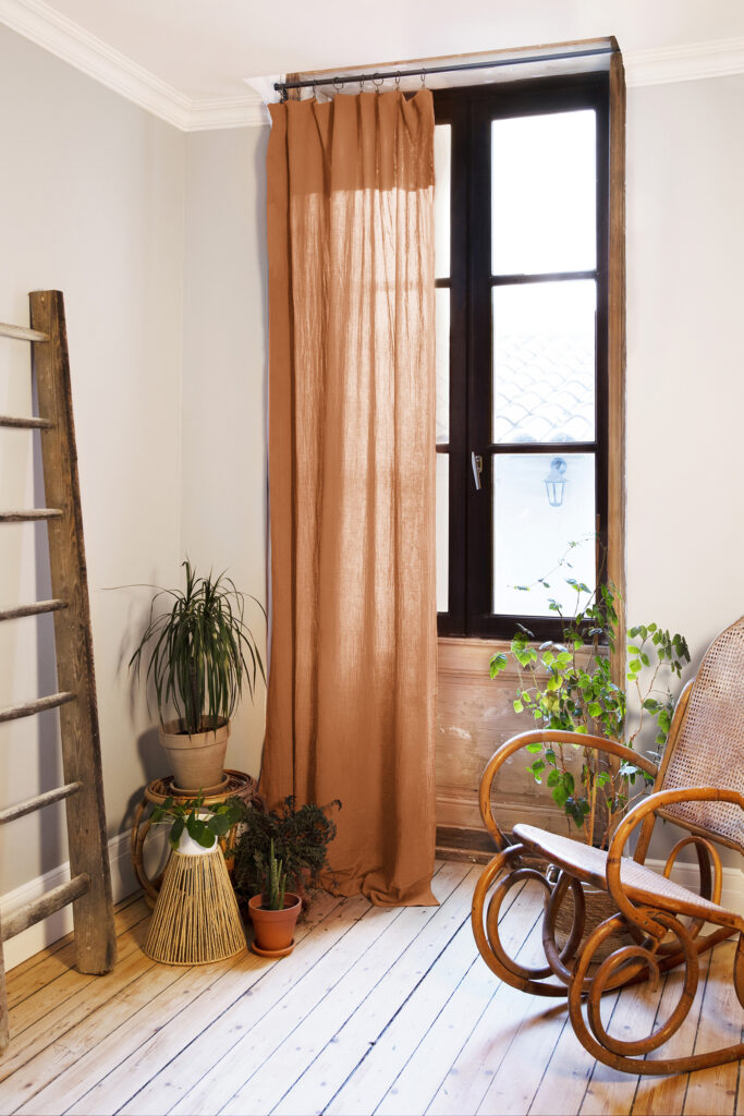 Adjustable curtain + 8 clip rings cotton gauze 140 x 300 cm GAÏA Abricot (light orange)